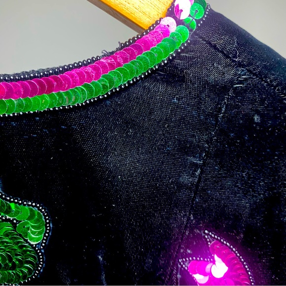 Vintage Black Velvet Sequined Beaded Bows Open Front Cropped Jacket - Picture 8 of 9